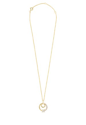 Gold-toned necklace with a delicate chain, featuring intertwined circular pendants. One pendant is adorned with clear rhinestones.