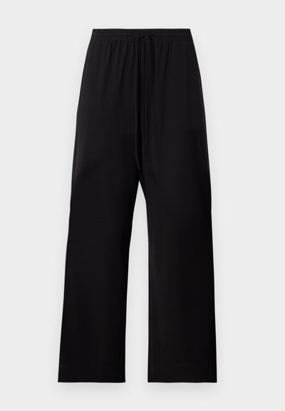 Black wide-leg pants made of soft fabric, featuring an elastic waistband with a drawstring. Smooth texture with no distinct patterns.