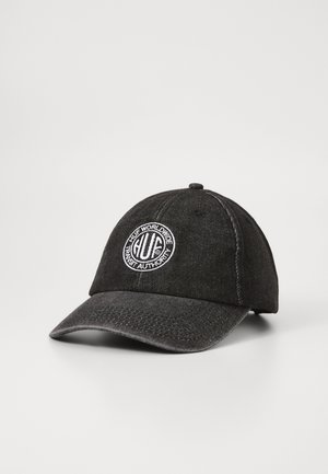 Black denim baseball cap with a rounded crown, curved brim, and a circular white embroidered logo on the front.