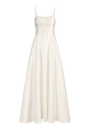 Weißes, bodenlanges Kleid mit dünnen Trägern, enger Oberteile und ausgestellt Rock. Aus glattem Stoff mit matter Oberfläche gefertigt.