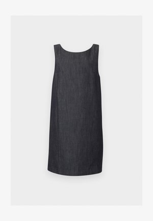 Vestito a tunica in denim grigio scuro senza maniche con scollo rotondo e orlo dritto, mostrato su uno sfondo chiaro uniforme.