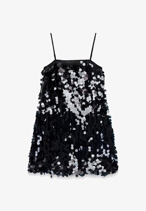 Must mustrakk, millel on õhukesed rihmad ja vaba siluett, koos erineva suurusega ümmarguste peegeldavate mustritega.