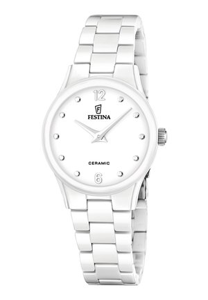Festina Keramikarmbanduhr mit weißem Zifferblatt, silbernen Stundenmarkierungen bei 6 und 12, Punktindizes und silbernem Metallgliederarmband.