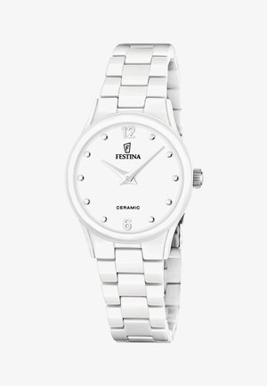 Festina keraaminen rannekello, jossa valkoinen kellotaulu, hopeanväriset tunti-indeksit kohdissa 6 ja 12, piste-indeksit sekä hopeanvärinen metallinen linkkiranneke.