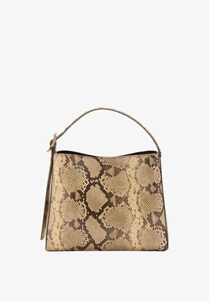 Petit sac à main avec un motif en cuir de serpent beige et marron et une seule poignée courte pour porter à la main ou au poignet.