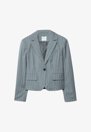 Šedé sako s proužky, vybavené klopovým límcem s výřezem, zapínáním na jeden knoflík, dvěma předními kapsami a hladkým vnitřním podšívkou.