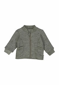 Giacca grigia con zip realizzata in tessuto a maglia testurizzato, con colletto rotondo, due tasche frontali e polsini a costine.