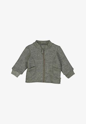 Graue, gefütterte Jacke aus strukturiertem Strickstoff mit rundem Kragen, zwei Vordertaschen und gerippten Bündchen.