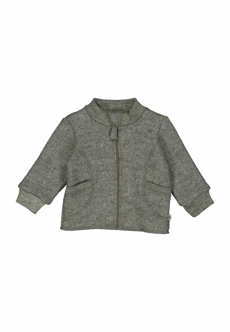 Giacca grigia con zip realizzata in tessuto a maglia testurizzato, con colletto rotondo, due tasche frontali e polsini a costine.