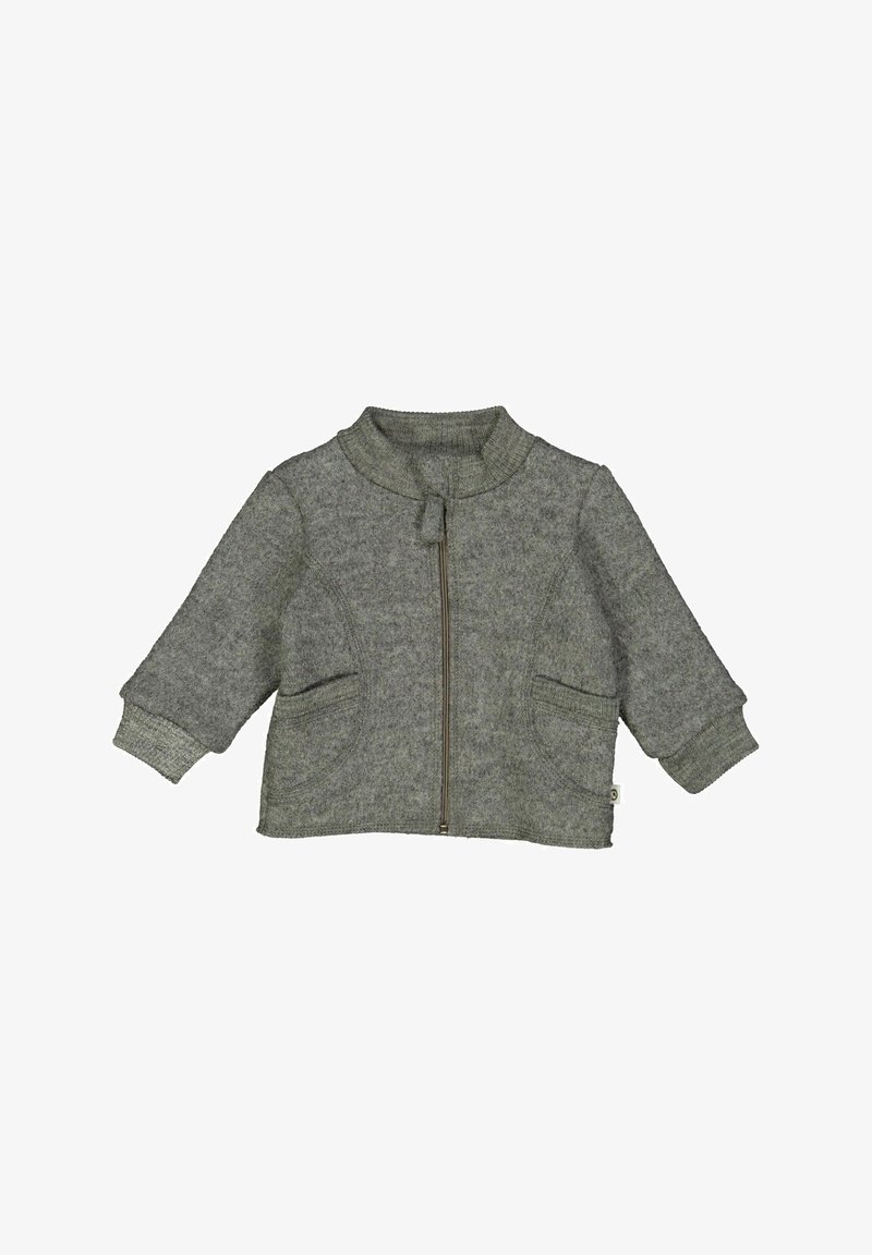 Giacca grigia con zip realizzata in tessuto a maglia testurizzato, con colletto rotondo, due tasche frontali e polsini a costine.