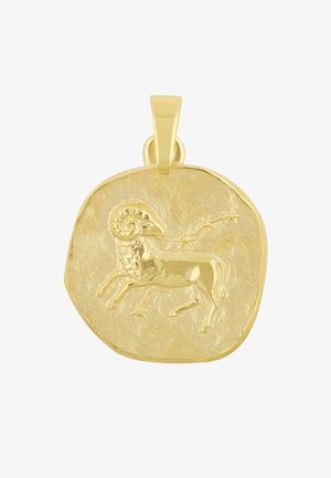 Ciondolo in oro con figura a rilievo di un ariete. Sfondo lavorato con dettagli di stelle incise. Forma arrotondata, anello per l'attacco.