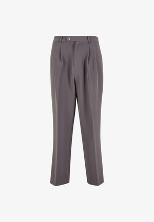 Hallide pleeditud püksid, mis on valmistatud siledast kangast, otse jala disainiga, ühe nupuga kinnituse ja kaldus küljetaskutega.