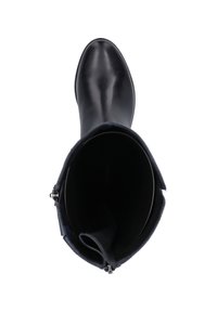 Botte en cuir noir jusqu'au genou avec une finition lisse, bout rond et fermeture éclair sur le côté. L'intérieur est sombre et texturé.