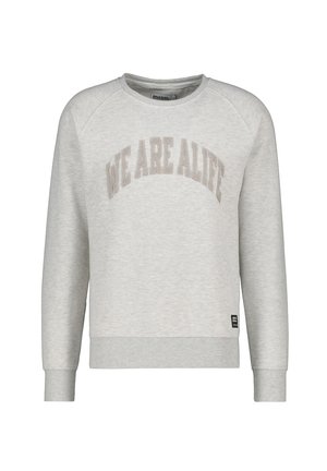 Sweatshirt gris clair à col rond avec "NOUS SOMMES EN VIE" en lettres beige texturées. Pr�ésente des poignets et un ourlet côtelés, fabriqué à partir d'un tissu doux.