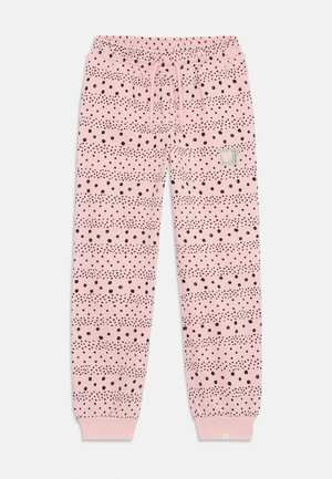 Pantalon en tissu doux rose à pois noirs dispersés, taille élastique avec cordon de serrage et poignets côtelés aux chevilles.