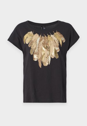 T-shirt noir avec un imprimé en or décoratif en forme de plume sur la poitrine. Manches courtes, coupe décontractée et matière en coton lisse.