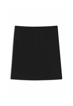 Black A-line skirt with two square front patch pockets and a flat waistband, displayed on a white background.