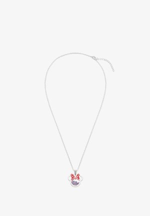 Zilveren ketting met een Minnie Mouse hanger, versierd met een rode stippenstrik en paarse edelsteenaccenten, cirkelvormig en met een gladde textuur.