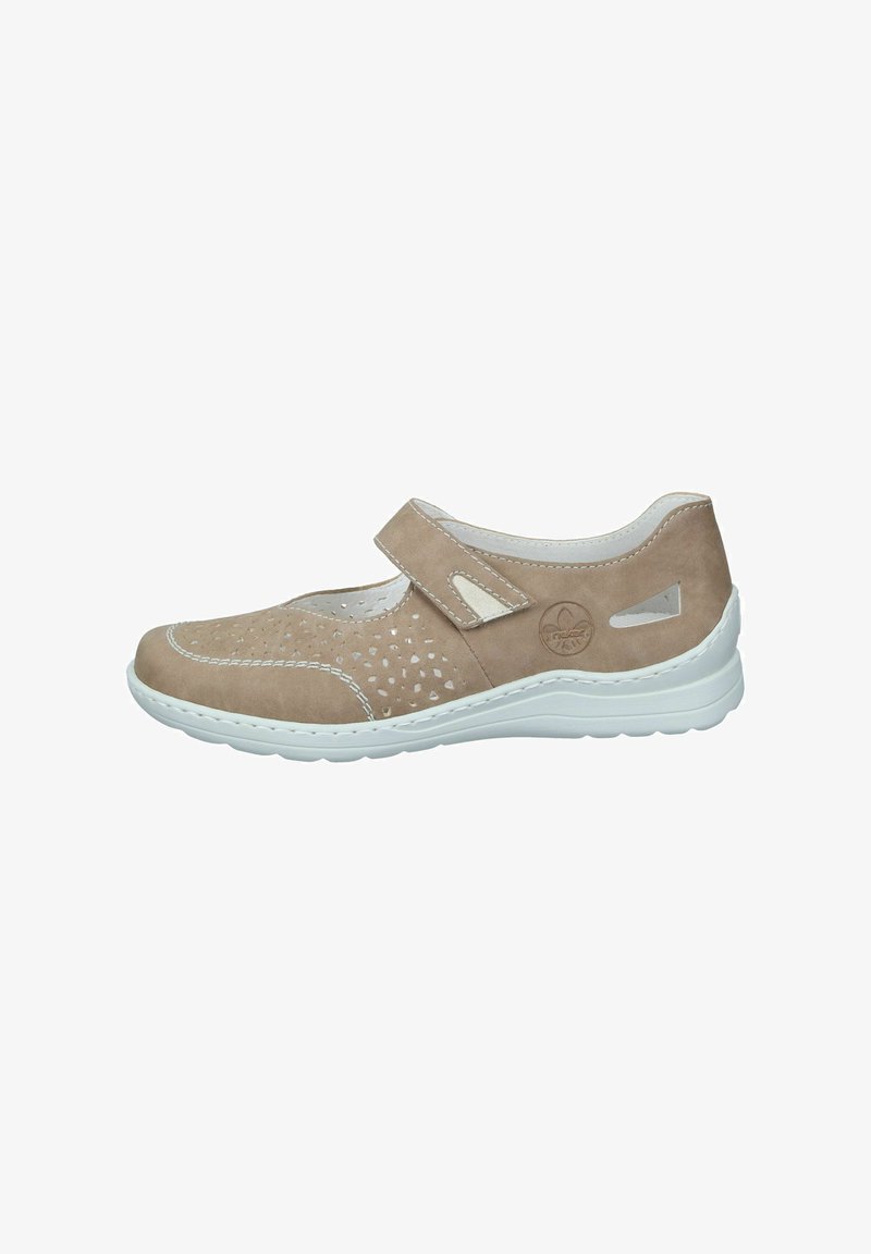Beige suede shoe with perforated design, white stitching, adjustable Velcro strap, and a flexible white rubber sole. Rounded toe.
