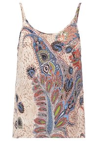 Bezramenný top ve světle béžovém materiálu s jemnými modrými a zelenými paisley vzory a červenými akcenty, se hladkým povrchem.