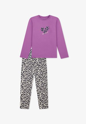 Lila langärmeliges Oberteil mit Leopardenherz und "Best day ever"-Text, kombiniert mit weißen und schwarzen Leopardenmuster-Leggings.