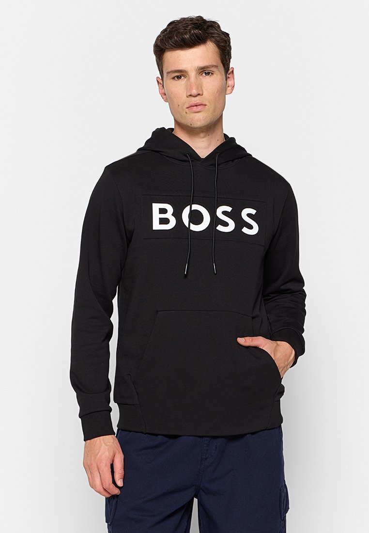 Hoodie noir en mélange de coton, avec une poche kangourou, un capuchon à cordon et le logo blanc "BOSS" sur la poitrine.
