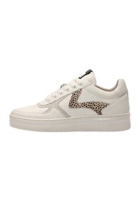White leather sneaker with textured accents, beige spotted pattern on the side, and a thick white sole. Features laces and a metal detail.