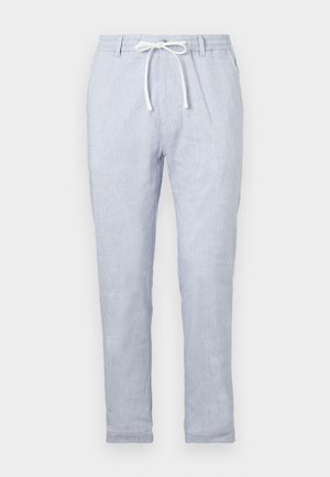Ljust blå linnbyxor med dragsko i midjan, raka ben och subtil struktur, utan fickor eller synliga hårdvarudetaljer.