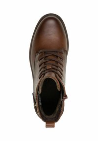 Brown leather ankle boot with round toe, lace-up front, and soft lining. Features a side zipper and stitched accents for added detail.
