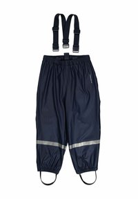 Marinblå vattentäta overaller med elastisk midja och justerbara hängslen. Har reflexstripes nära nederkanten och elastiska manschetter vid anklarna.