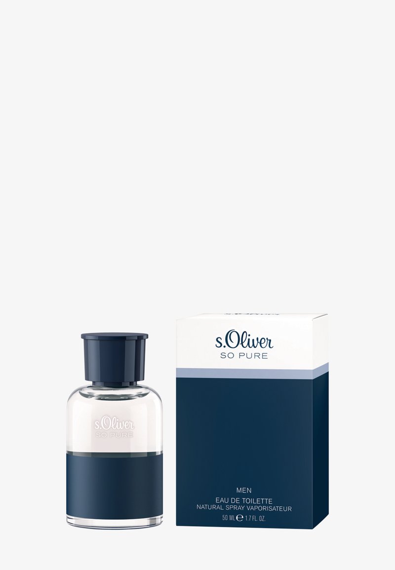 Flacon d'eau de toilette pour homme s.Oliver So Pure avec bouchon et étiquette bleu marine, à côté d'une boîte d'emballage assortie bleu marine et blanc.