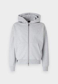 Sweat-shirt gris avec fermeture éclair sur le devant, poches kangourou et capuche avec cordon de serrage. Fabriqué en tissu doux, avec des poignets et un ourlet côtelés.