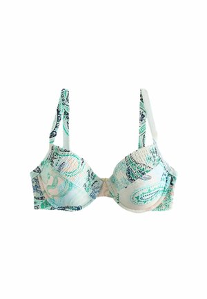 Underwired bra with adjustable straps, featuring a blue and green paisley pattern on a white background.