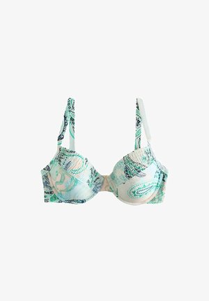 Kaarituellinen liivi, jossa säädettävät olkaimet, sinivihreä paisley-kuvio valkoisella pohjalla.