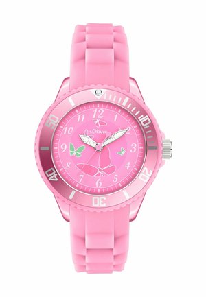 Pink håndledsur med silikonerem, sommerfugledesign på urskiven, sølvfarvede time- og minutvisere samt nummererede markeringer på bezelen.
