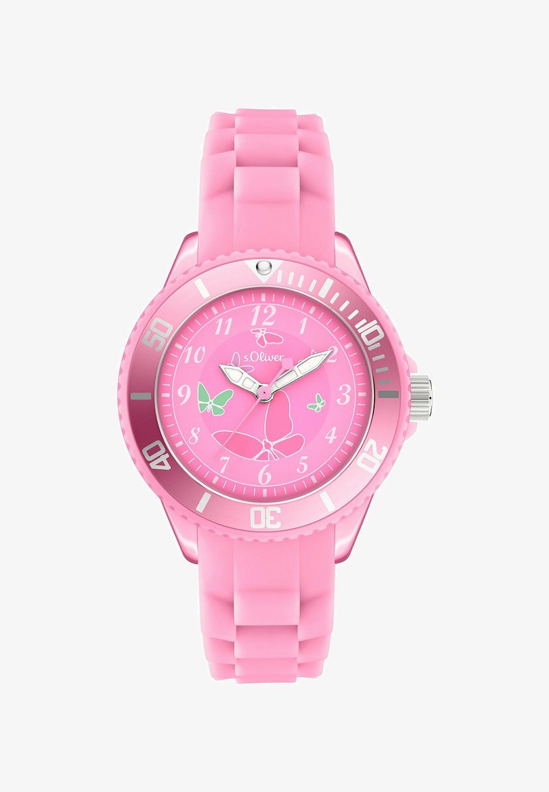 Pink håndledsur med silikonerem, sommerfugledesign på urskiven, sølvfarvede time- og minutvisere samt nummererede markeringer på bezelen.