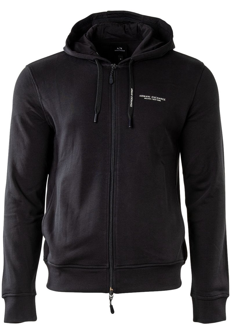 Svart zip-up hoodie i mjukt material med långa ärmar, en huva med dragskor och en liten vit logotyp på vänster bröst.