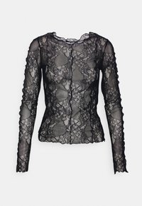 Czarna koronkowa bluzka z długimi rękawami, z falbaniastym dekoltem i dołem. Charakteryzuje się misternymi wzorami kwiatowymi i przezroczystą fakturą.