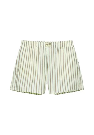 Boxers de couleur claire avec des rayures verticales marron et bleues et une ceinture élastique avec une petite étiquette au centre devant.