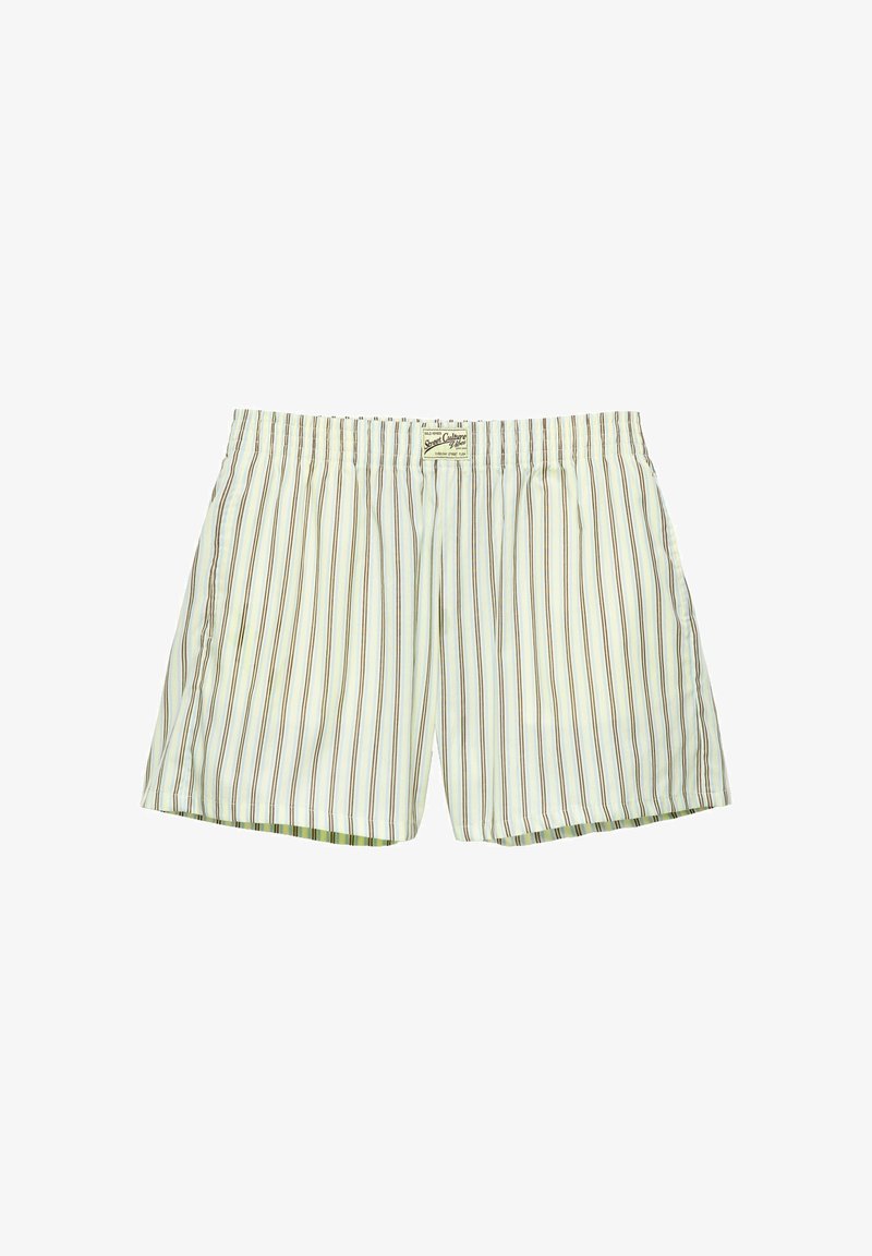 Boxers de couleur claire avec des rayures verticales marron et bleues et une ceinture élastique avec une petite étiquette au centre devant.