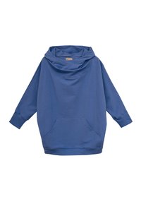 Niebieska bluza z kapturem wykonana z miękkiego materiału, z kołnierzem typu cowl, długimi rękawami i przednią kieszenią dla praktyczności.