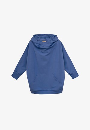Niebieska bluza z kapturem wykonana z miękkiego materiału, z kołnierzem typu cowl, długimi rękawami i przednią kieszenią dla praktyczności.