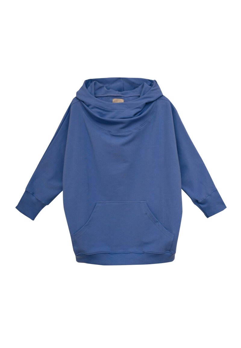 Niebieska bluza z kapturem wykonana z miękkiego materiału, z kołnierzem typu cowl, długimi rękawami i przednią kieszenią dla praktyczności.