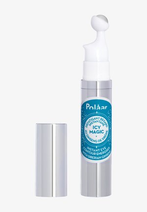 Zilverkleurige cilindervormige oogcrèmefles met blauw etiket waarop 'Icy Magic' staat, geopend met een wit applicatietip en los kapje op een witte achtergrond.