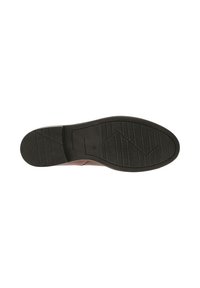 Semelle de chaussure marron avec un dessous en caoutchouc noir texturé, présentant un motif en zigzag et une taille "38" embossée sur le côté.