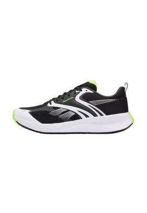 Scarpa da corsa Reebok bianca e nera con dettagli verde neon, tomaia in mesh, chiusura con lacci e suola bianca spessa, vista laterale.