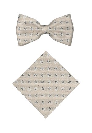Crèmekleurige vlinderdas en bijpassend pochet met klein lichtblauw paisley-patroon op gestructureerde stof.