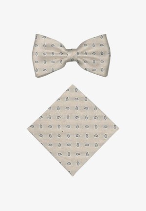 Cream bow tie and matching pocket square set with small light blue paisley pattern on textured fabric.