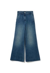 Pantalones de mezclilla de pierna ancha en degradado de azul claro a azul oscuro. Presenta bolsillos frontales, un cierre de botón y un diseño clásico de cinco bolsillos.