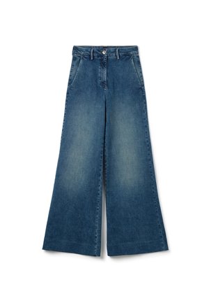 Weite Jeanshose mit einem Farbverlauf von hellblau bis dunkelblau. Mit Fronttaschen, Knopfverschluss und einem klassischen Fünf-Taschen-Design.
